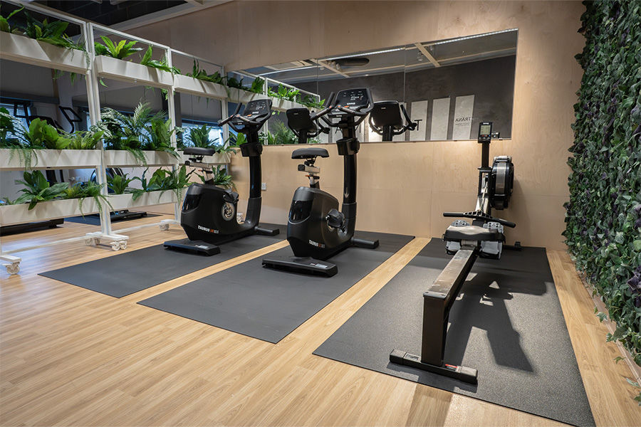 A photograph of a pair of Taurus UB10.5 exercise bikes and a Taurus Elite Row in the IKEA Glasgow staff gym.