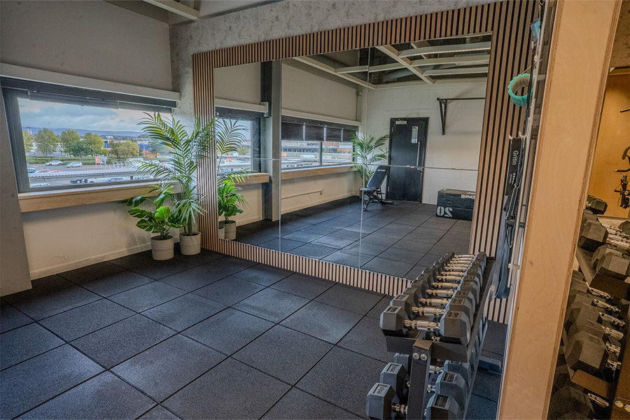 A photograph of the free weights area in the IKEA Glasgow staff gym.