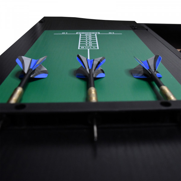 Close-up of blue darts on scoreboard panel