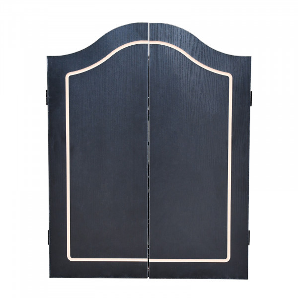 Closed cabinet with dartboard, scoreboards and darts