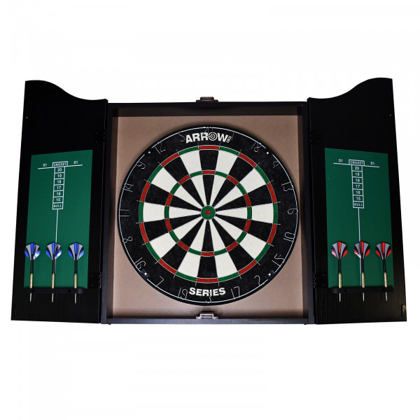 Open cabinet with dartboard, scoreboards and darts