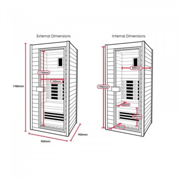 Internal and external dimensions of the Mono Infrared sauna.
