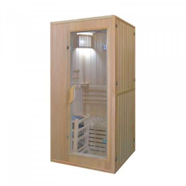 Angled right-side view of the Atlantic Saunas Mono Traditional Indoor Sauna.