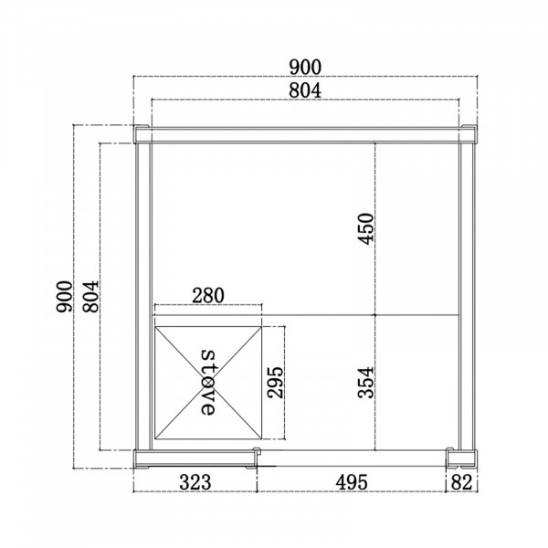Top-down layout diagram showing dimensions of the Mono Traditional sauna.