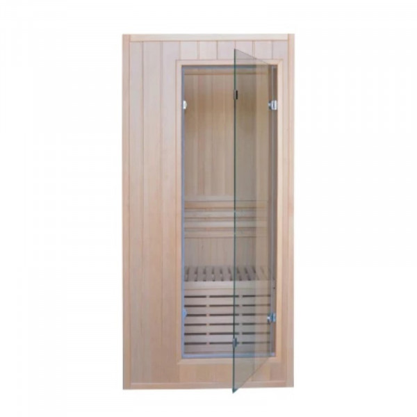 Front view with open door of the Atlantic Saunas Mono Traditional Indoor Sauna.