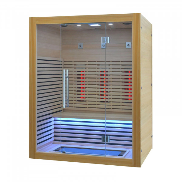 Angled right-side view of the Atlantic Saunas Infrared Hanko 3 Person Sauna.
