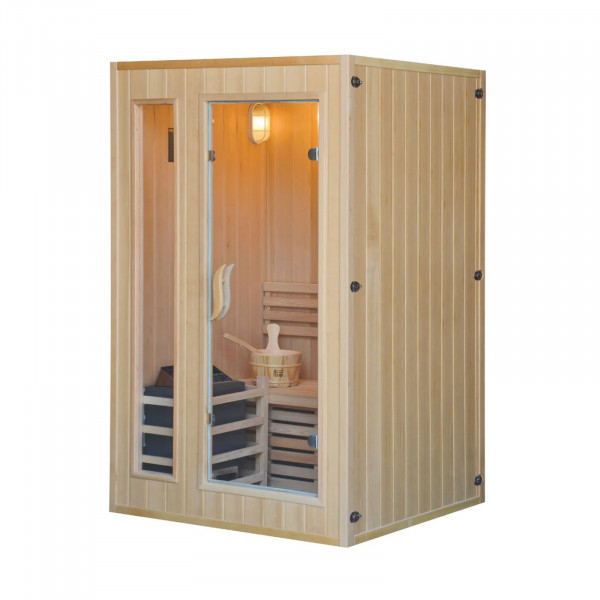 Angled side view of the Atlantic Saunas The Snug 2 Person Indoor Traditional Sauna.