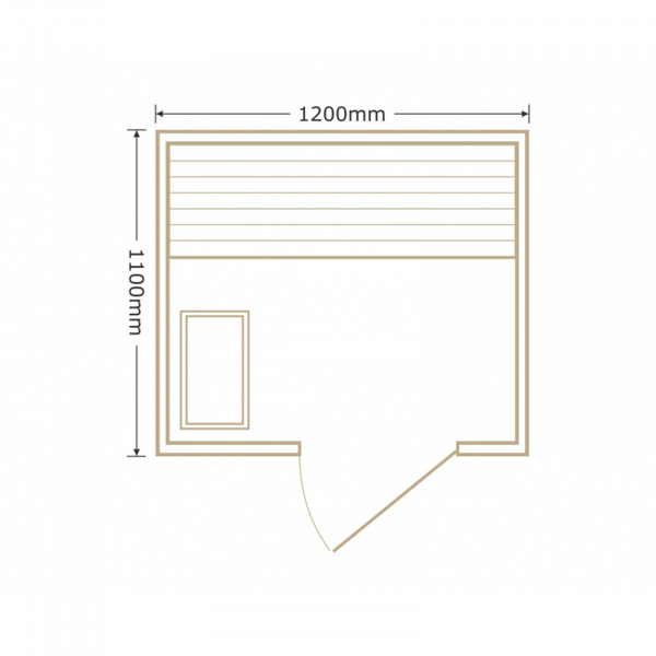 Top-down layout diagram showing dimensions of the Snug sauna.
