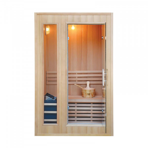 Front view of the Atlantic Saunas The Snug 2 Person Indoor Traditional Sauna with interior light.
