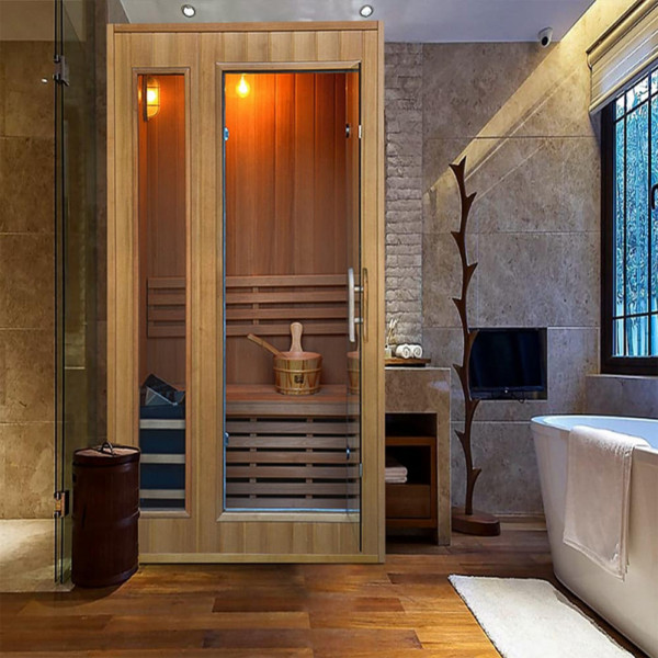 The Snug sauna installed in a bathroom setting.

