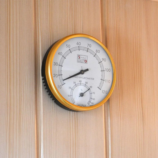 Mounted thermometer and hygrometer inside the Snug sauna.
