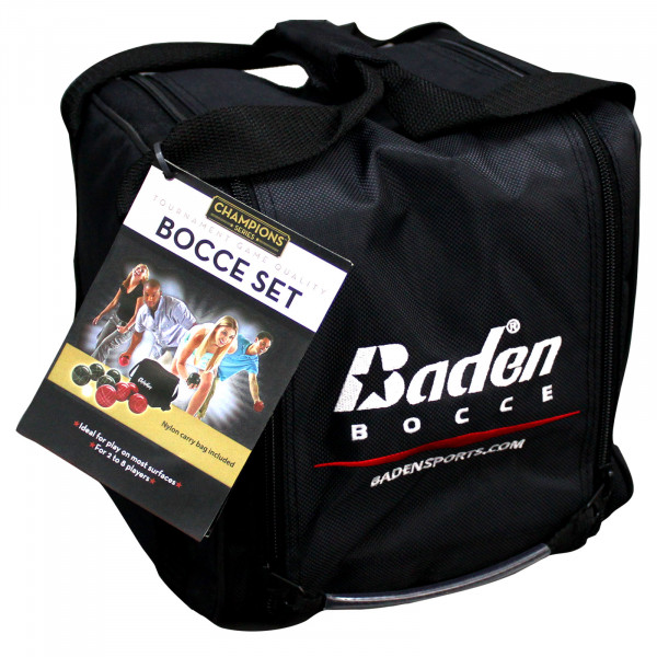 Black carry bag with Baden Champions Bocce Ball Set branding and tag.