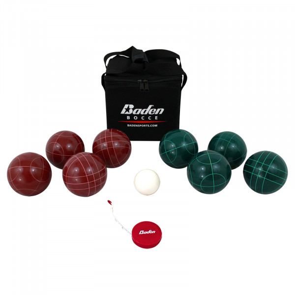 Complete Baden Champions Bocce Ball Set with balls, pallino, measuring tape, and carry bag.