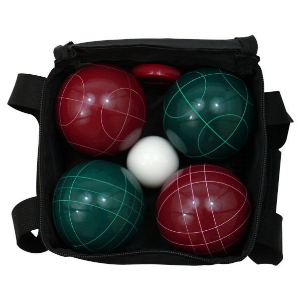 Open carry bag with bocce balls and pallino inside.