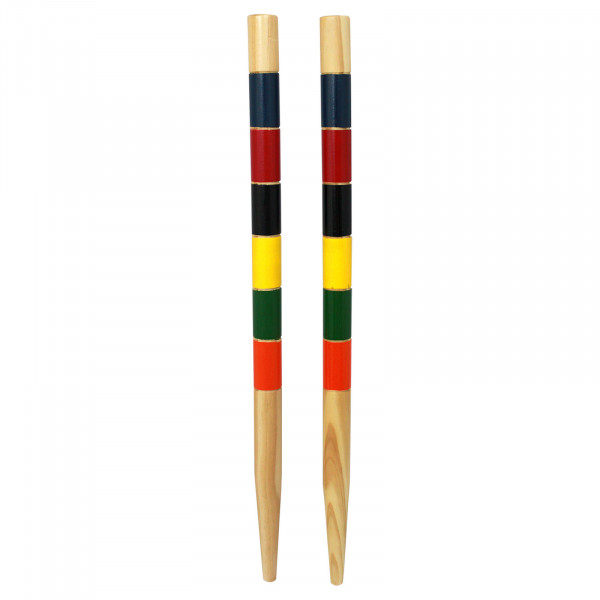 Two wooden end posts with colourful markings.