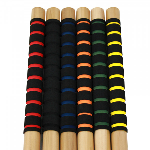 Close-up of croquet mallet handles with soft grip.