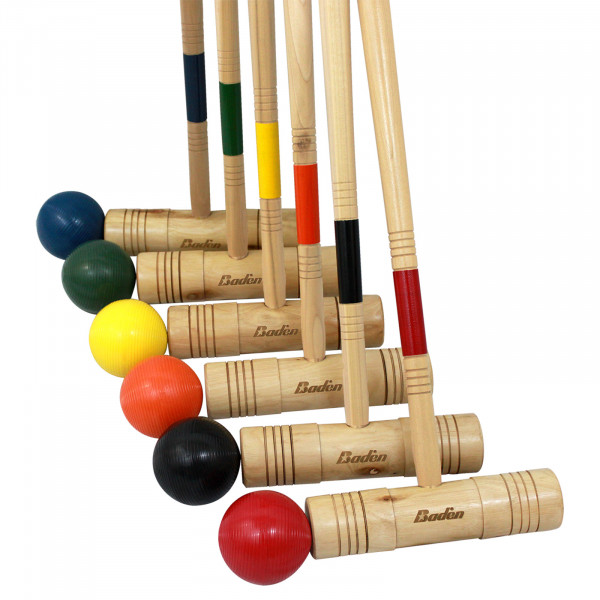 Croquet mallets with colour-matching balls.