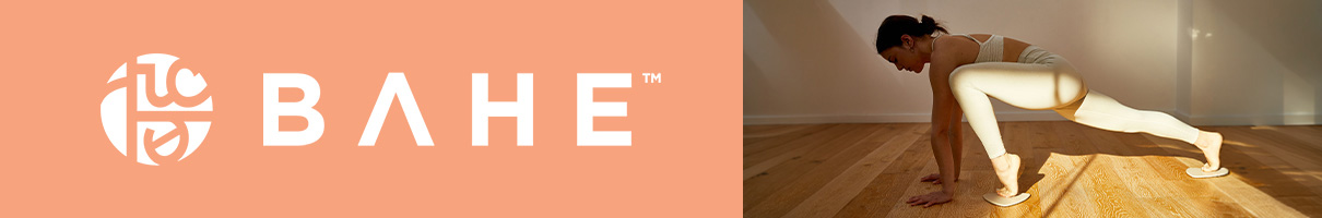 A product page banner featuring the BAHE logo with a model performing a sliding plank exercise using BAHE Flow Sliders.