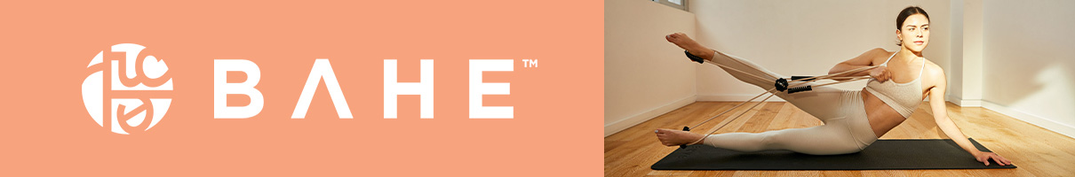 A product page banner featuring the BAHE logo with a model performing a side-lying leg resistance exercise using the BAHE Flow Reformer.