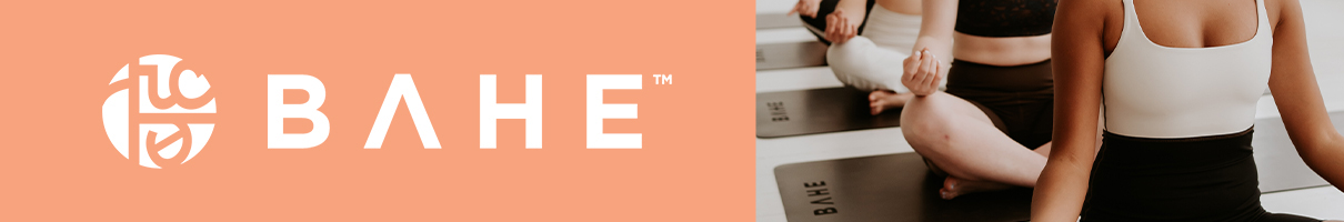 Banner for the BAHE Power Hold Mat. The image shows a model stretching,