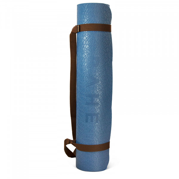 A white background product image of the BAHE Super Grip 6mm Mat rolled up with carry strap in the Powder Blue colour variation.