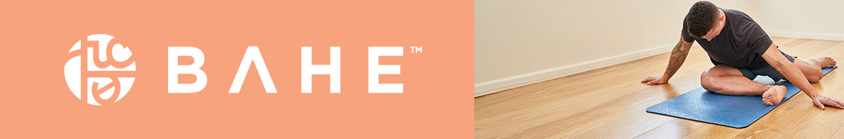 A product page banner featuring the BAHE logo with a model seated on the BAHE Super Grip 6mm Mat during a stretch.