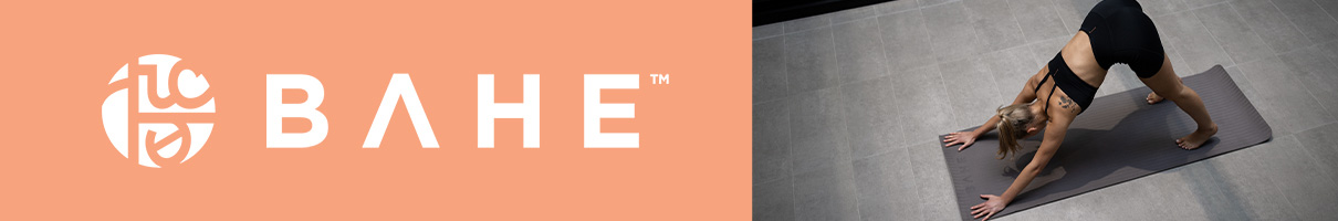 A product page banner featuring the BAHE logo with a model performing downward dog on a BAHE yoga mat.