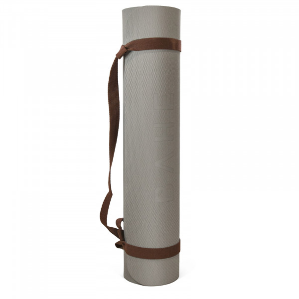 A white background product image of the BAHE Soft Touch Reversible XL 6mm Mat rolled up with carry strap in the Pebble Grey colour variation.