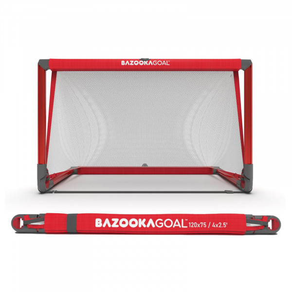 Front view of the BazookaGoal Football Goal (Aluminium), Red / White, Size 4' x 2.5'