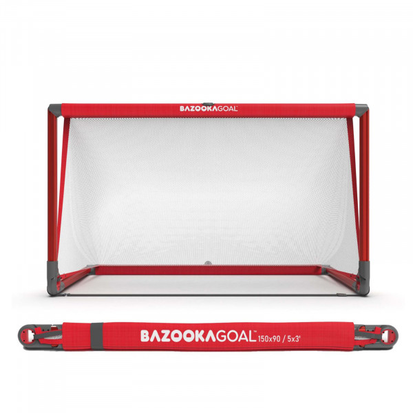 Front view of the BazookaGoal Football Goal (Aluminium), Red / White, Size 5' x 3'
