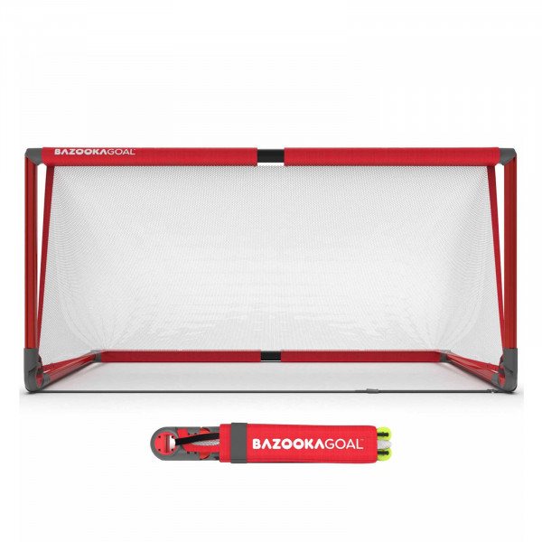 Front view of the BazookaGoal Football Goal (Aluminium), Red / White, Size 6' x 3'