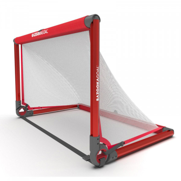 Angle view of the BazookaGoal Football Goal (Aluminium), Red / White