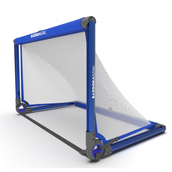 Angle view of the BazookaGoal Football Goal (Aluminium), Royal Blue / White