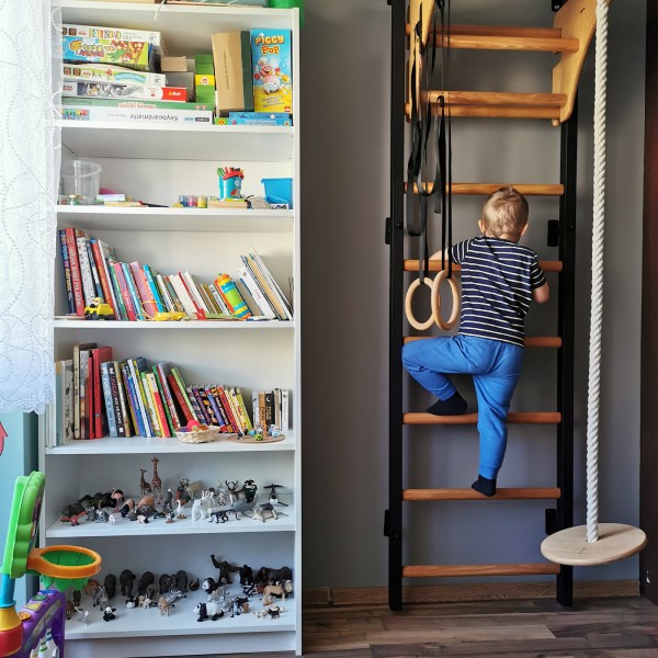 BenchK 711B + A076 Series 7: 700 Wall Bars (Black) + Wooden Pull Up Bar + Gymnastics Accessories - in use