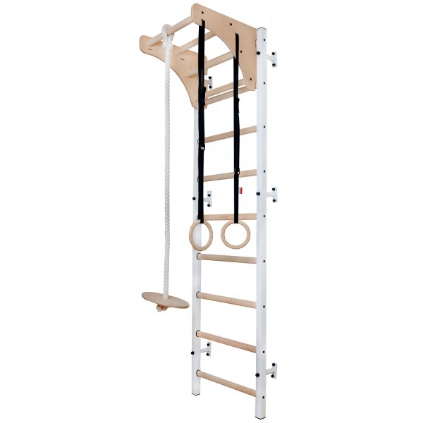 BenchK 711W + A204 Series 7: 700 Wall Bars (White) + Wooden Pull Up Bar + Gymnastics Accessories - full view