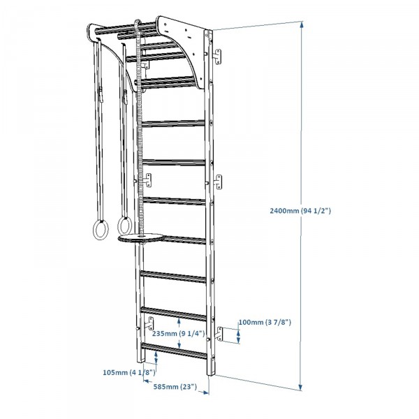 BenchK 711 + A076/A204 Series 7: 700 Wall Bars + Wooden Pull Up Bar + Gymnastics Accessories - dimensions