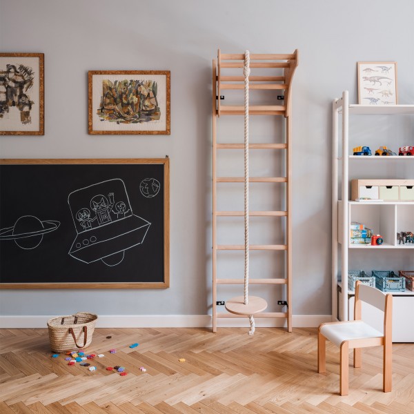 BenchK 111 + A204 Series 1: 100 Wall Bars + Pull Up Bar PB204 + Gymnastics Accessories for Children - in a children's room