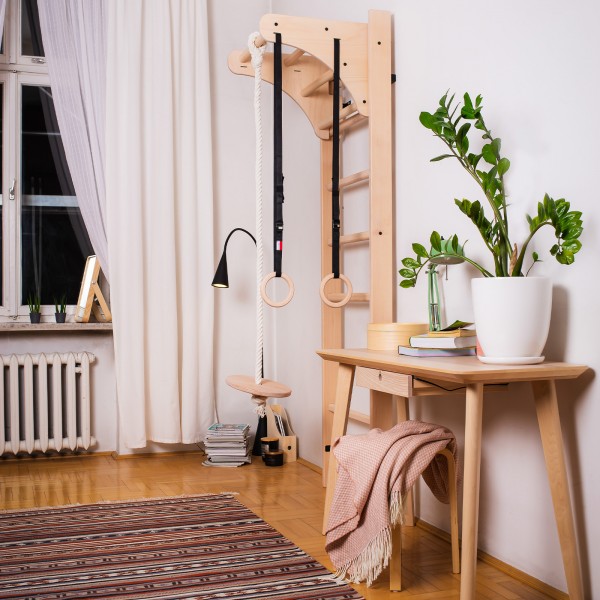 BenchK 111 + A204 Series 1: 100 Wall Bars + Pull Up Bar PB204 + Gymnastics Accessories for Children - in a living room