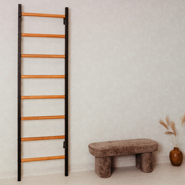 Front view of black BenchK 200 Wall Bars next to a bench seat