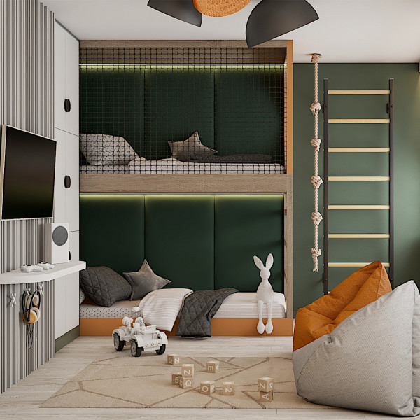 Black BenchK 200 Wall Bars with rope, mounted in a children’s bedroom