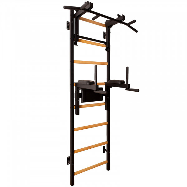 Black BenchK 200 wall bars with steel pull up bar/barbell holder and dip bar attached