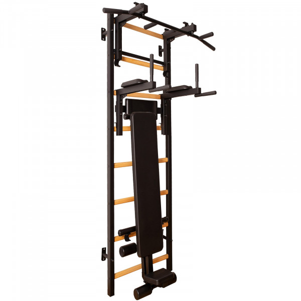 Black BenchK 200 wall bars with steel pull up bar/barbell holder, dip bar and workout bench attached