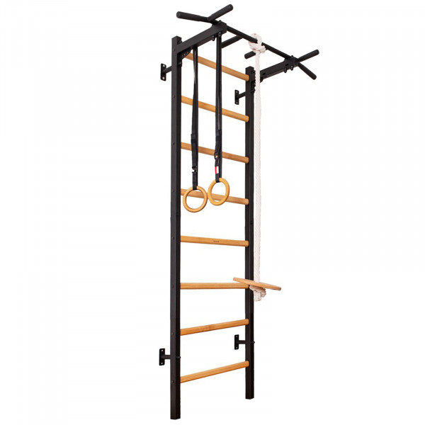 Black BenchK 200 wall bars with steel pull up bar and gymnastics accessories for children attached