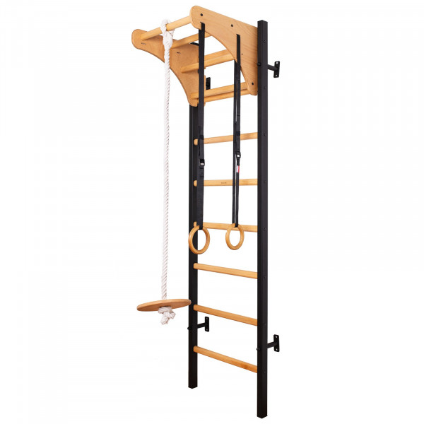 Black BenchK 200 wall bars with wooden pull up bar and gymnastics accessories for children attached
