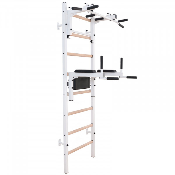 White BenchK 200 wall bars with steel pull up bar/barbell holder and dip bar attached