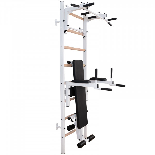 White BenchK 200 wall bars with steel pull up bar/barbell holder, dip bar and workout bench attached