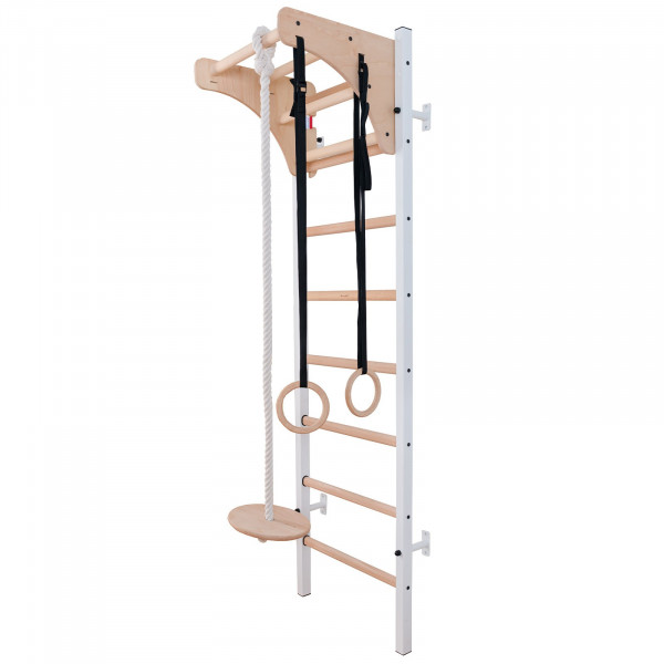 White BenchK 200 wall bars with wooden pull up bar and gymnastics accessories for children attached