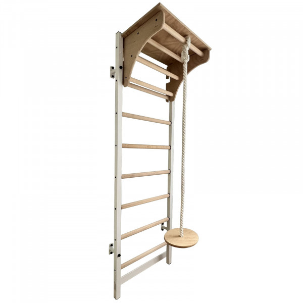 White BenchK 200 wall bars with wooden pull up bar, gymnastics accessories for children and desk attached