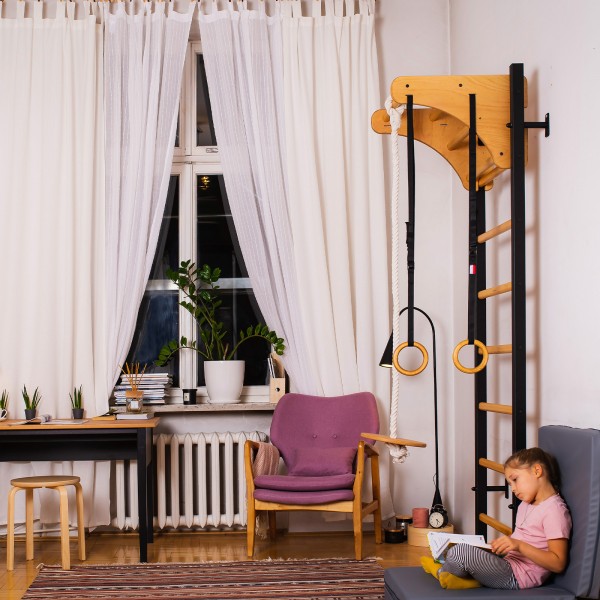 BenchK 211B + A076 Series 2: 200 Wall Bars Black + Wooden Pull Up Bar + Gymnastics Accessories for Children - assembled