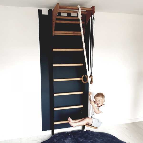 BenchK 211B + A076 Series 2: 200 Wall Bars Black + Wooden Pull Up Bar + Gymnastics Accessories for Children - in use